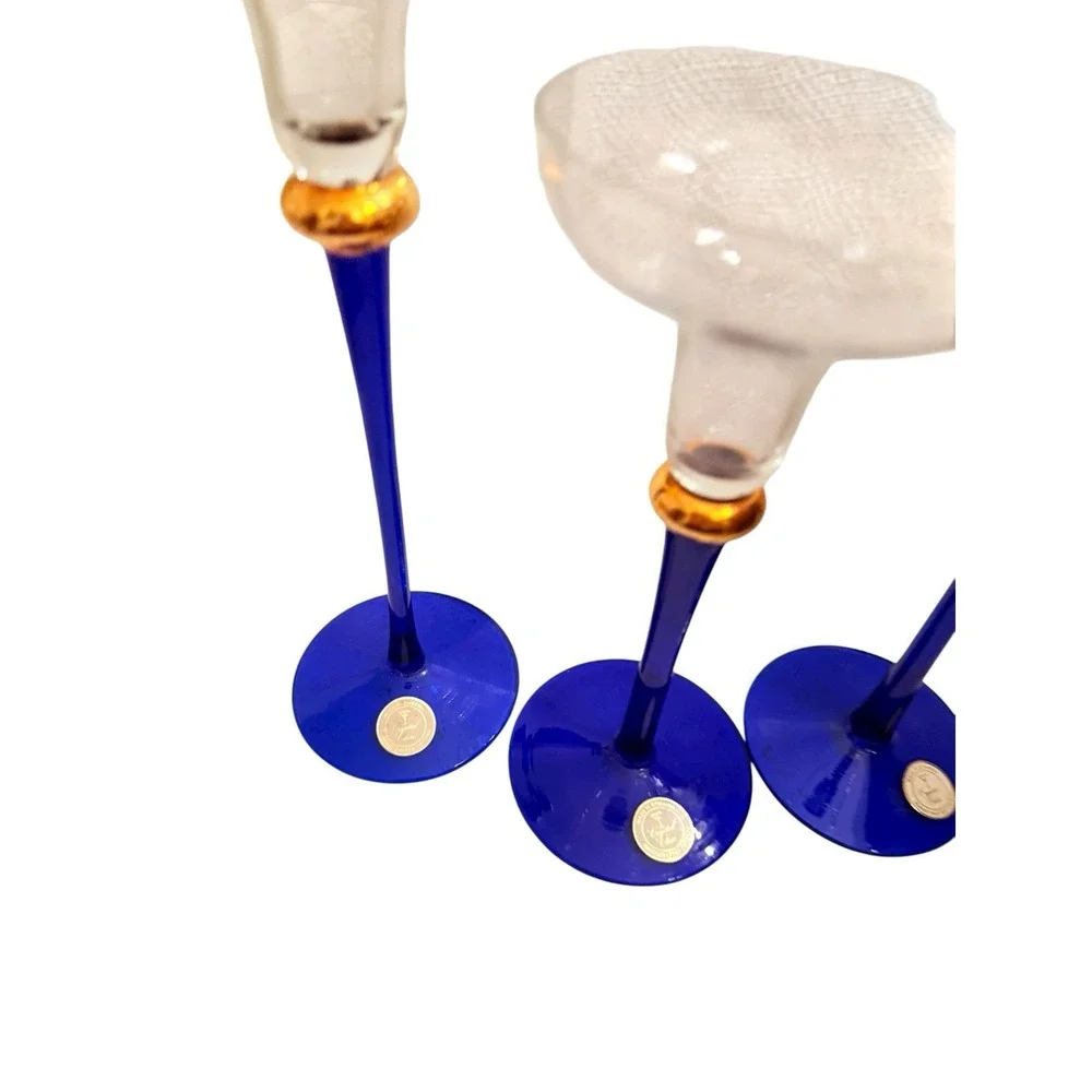 3 Crystal Clear Handcrafted Cobalt Stemmed Candle Holders Romania‎ Stickers
